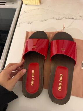 Miu Miu Glossy Red Patent Clogs with Wooden Heel, size 37 (size 8.5)